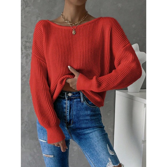 Backless open back Twist Back Drop Shoulder cozy knit Sweater - Picture 8 of 11